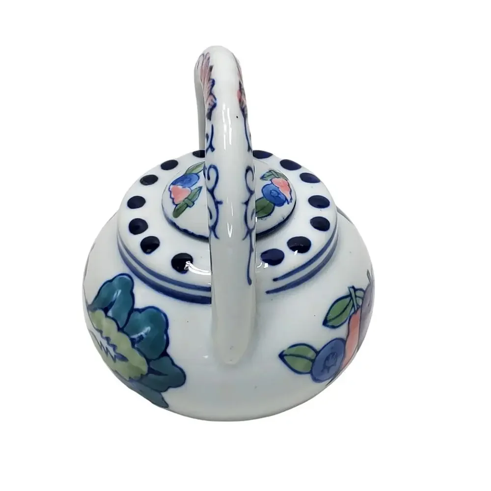 Vtg Blue & White Tea Pot Vegetables Handpainted 5 in Tall Made in China